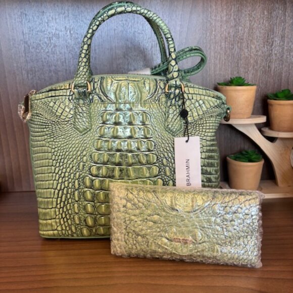 NWT BRAHMIN AGAVE METALLIC MEDIUM DUXBURY LEATHER DOME SATCHEL HANDBAG & WALLET - Picture 9 of 10